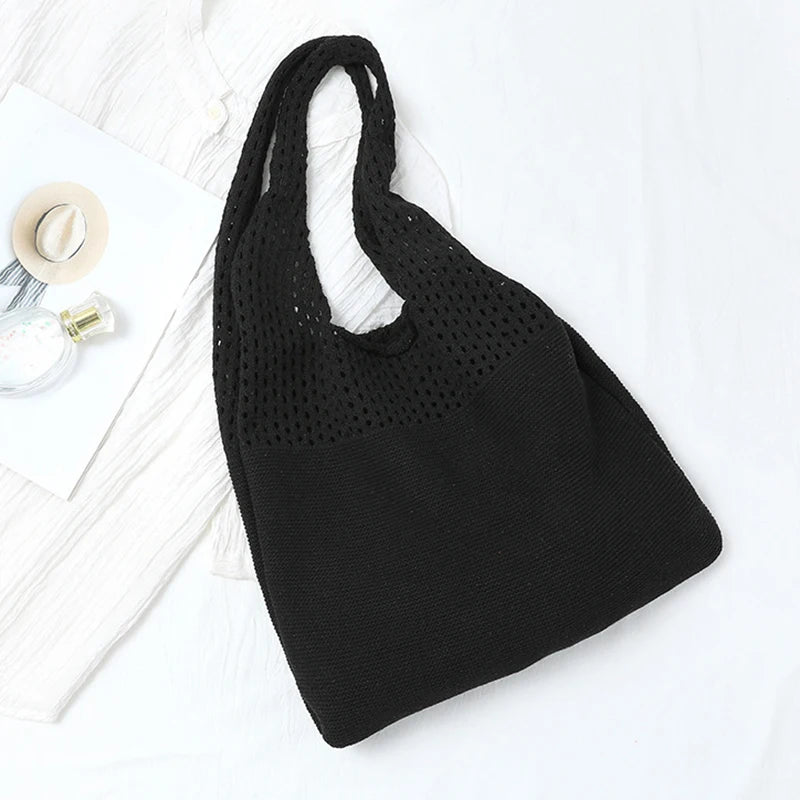 New Trend Women's Crochet Handbag | Retro Knitted Braid Solid Color Hollow Top-Handle Tote Bag (Black Khaki Shopper) Luxegan