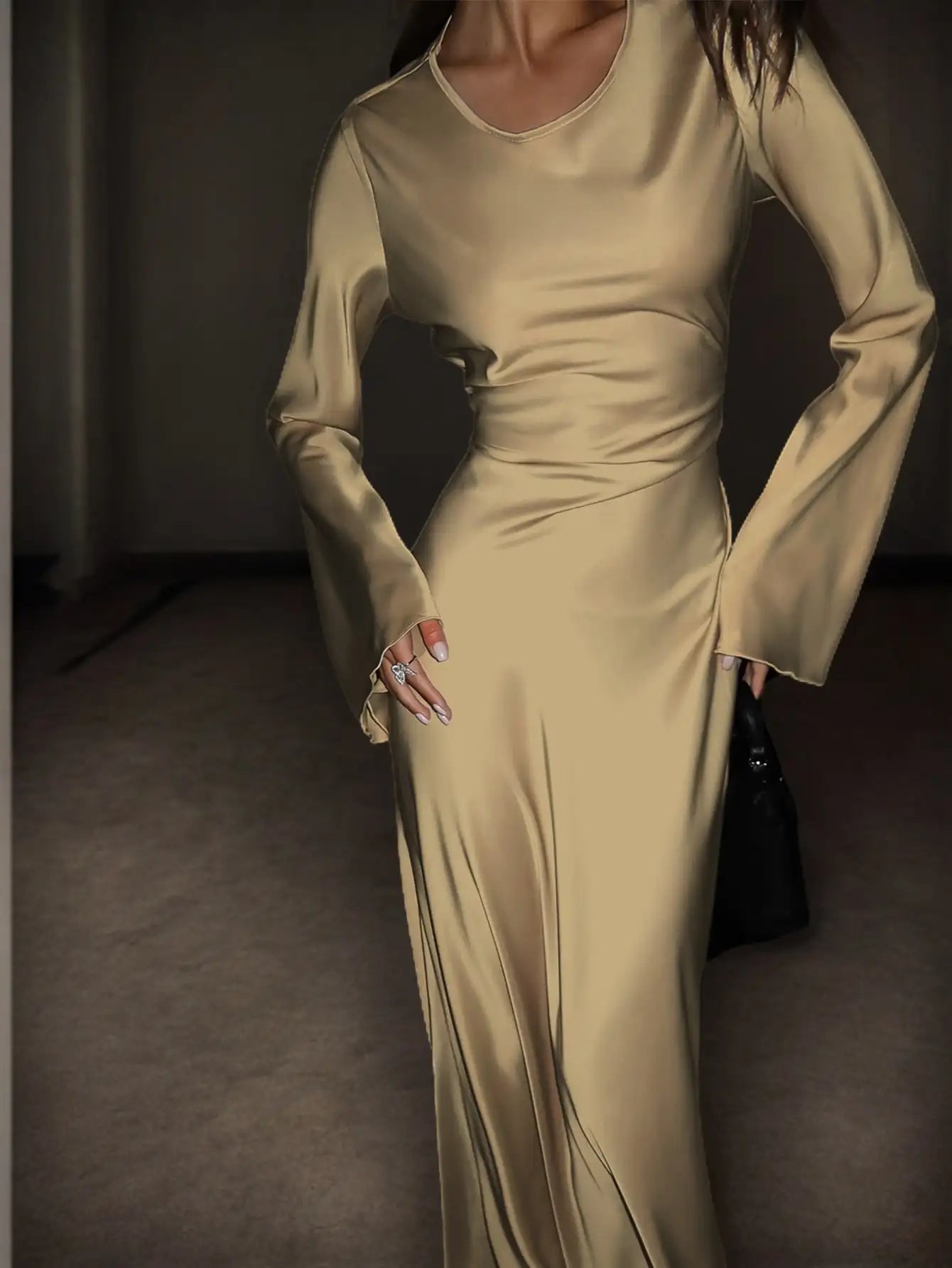 Bespoke Satin Corset Maxi Dress | Dramatic Flared Sleeve Luxury Evening Gown | Solid Round-Neck Slim Fit Mermaid Dress Luxegan