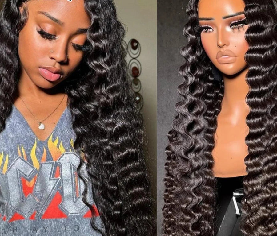 Deep Wave 13x6 HD Lace Frontal Wig | 250% Density Jet Black Human Hair Wig | Premium Brazilian Remy Hair Wet and Wavy Gown | Transparent Swiss Lace Skinlike Natural Hairline Long Wigs Luxegan