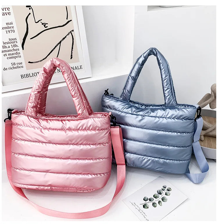 New Puffer Tote Bag for Women | Quilted Puffy Handbag & Lightweight Down Cotton Padded Shoulder & Crossbody Bag Luxegan