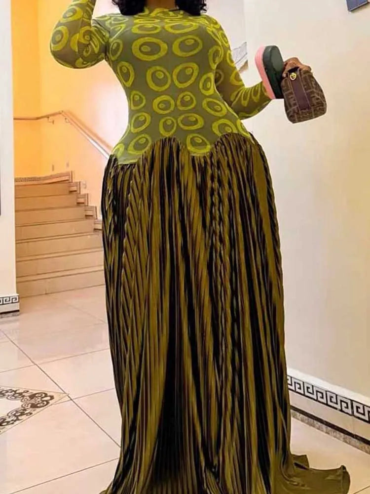 Print O-Neck Full-Length Sleeve Regular Fit A-Line Midi Dress – Natural Waist, Medium Stretch, Spring/Summer Luxegan