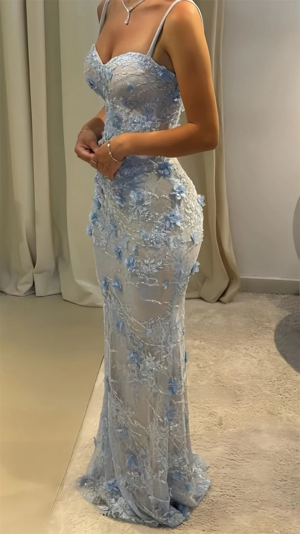 Cathy Customized Sky Blue Exquisite Flowers Prom Dress Spaghetti Straps Lace-up vestidos de noiva Floor-length Evening Dresses