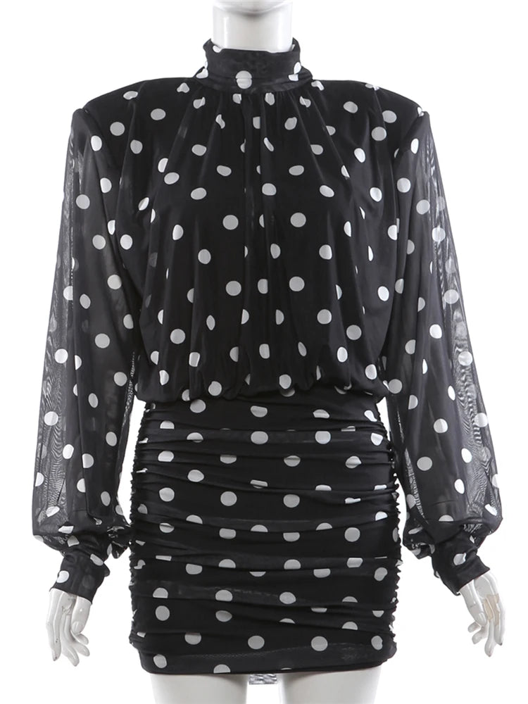 Women's See-Through Mesh Mini Dress | Elegant Turtleneck Full Sleeve Bodycon Gown | Polka Dot Print Skinny Ruched Dress | Premium High Stretch Patchwork Slim Fit Sheath Vestido Model K25D88364 Luxegan