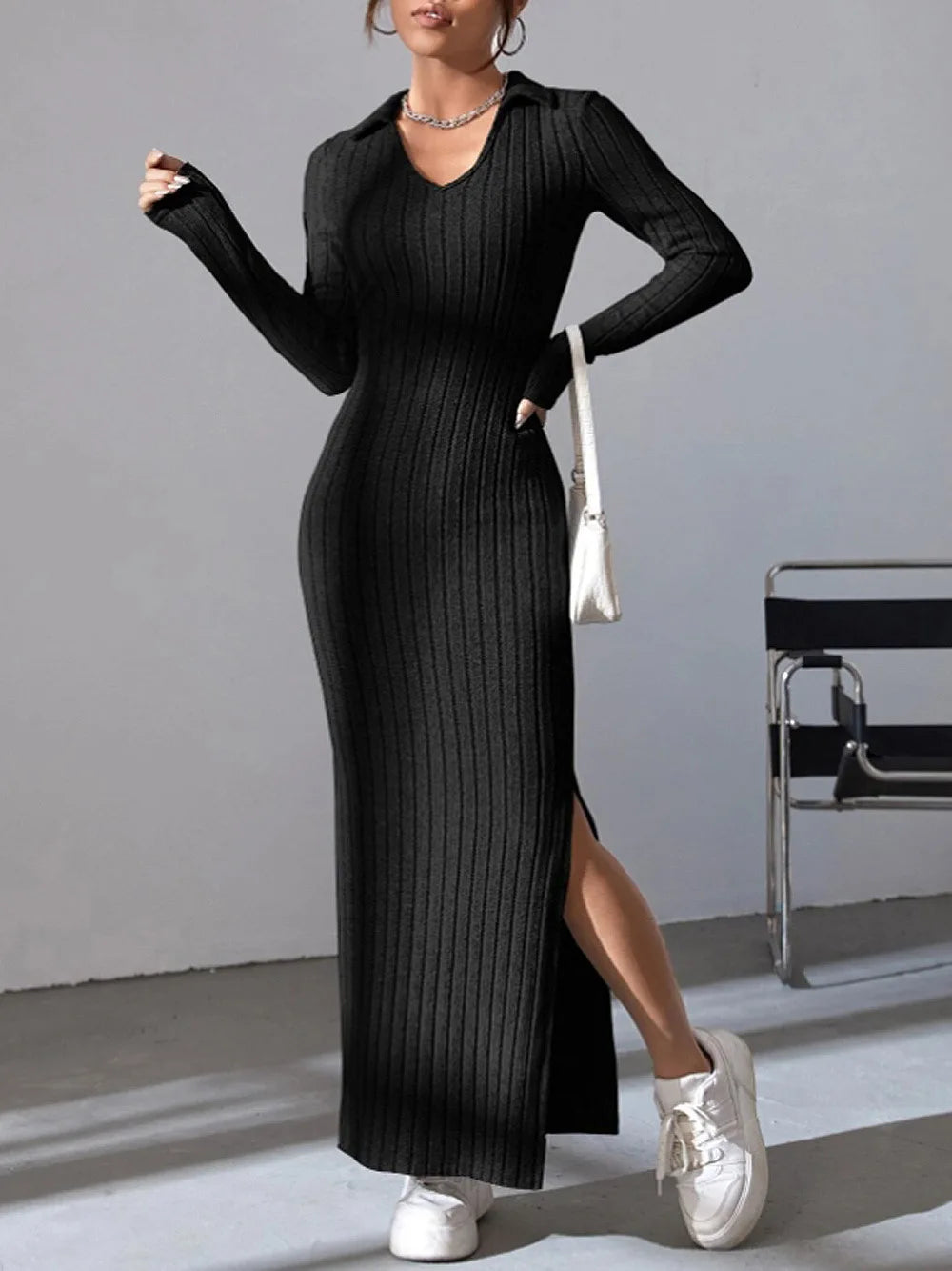 Women's New Knitted Slim Lapel Long Sleeve Dress | Elegant Pit Strip Solid Color Tight Skirt | Office Lady Medium Stretch Ankle-Length Sheath Vestido Model GZ2401062 Luxegan