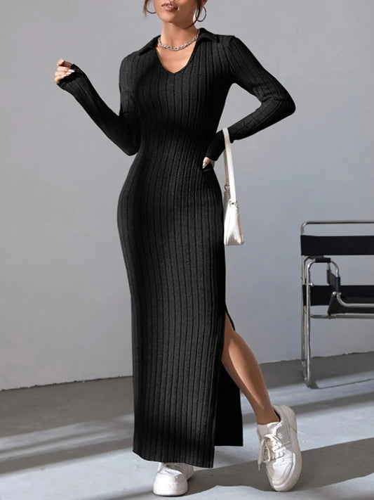 Women's New Knitted Slim Lapel Long Sleeve Dress | Elegant Pit Strip Solid Color Tight Skirt | Office Lady Medium Stretch Ankle-Length Sheath Vestido Model GZ2401062 Luxegan