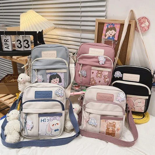 Cute Clear Kawaii Canvas Bag | Harajuku Cartoon Messenger Bag for Girls | Sophisticated Small Patchwork Shoulder Pouch | Fashion-Forward Nylon Cellphone Purse with Silt Pocket Luxegan