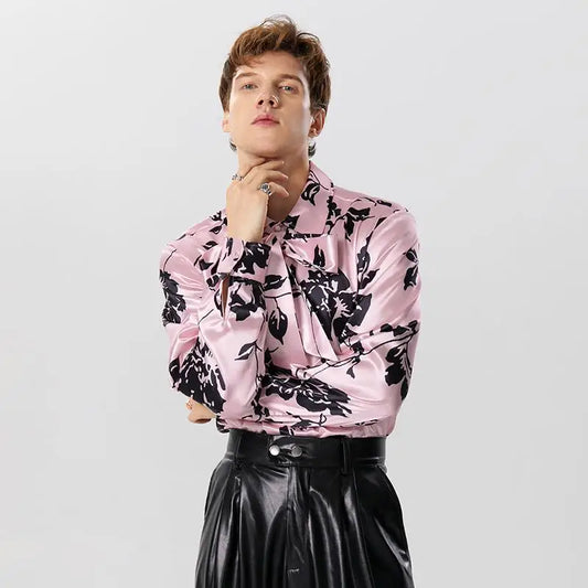 Men’s Satin Printing Lapel Shirt | Sophisticated "Lace-Up" Long Sleeve Silhouette | Elegant Autumn Streetwear Camisas | "Dignified" High-Performance Fashion Clothing for Radiant Versatile Styling Luxegan