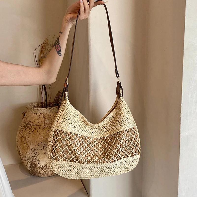 Large Capacity Summer Straw Weaving Shoulder Bag | Women's Handmade Crochet Beach Handbag & Woven Hollow Out Underarm Knitting Bag Luxegan