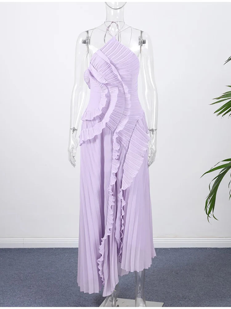 Sexy Halter Neck Pleated Ruffle Long Dress | Pink Backless Evening Gown Luxegan