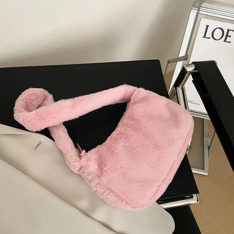 Simple Design Women's Soft Plush Hobo Shoulder Bag | Winter Furry Ladies Clutch Purse & Handbag (Fashion Female Underarm Bag) Luxegan