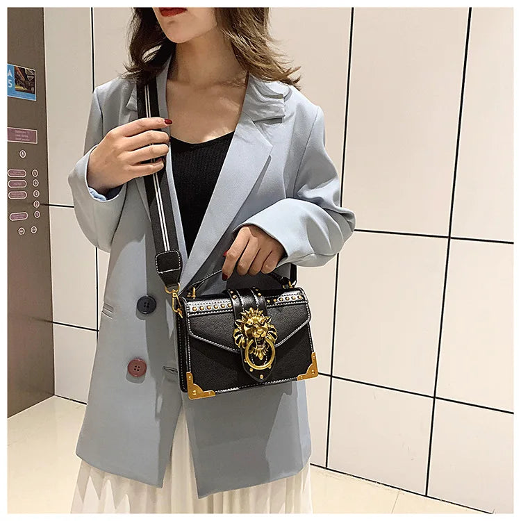 Retro Women's Fashion Handbag | Luxury Metal Lion Head Brand Shoulder Bag | Vintage Mini Square Storage Purse | Trendy Designer Messenger Bag (Model LMY1310) Luxegan