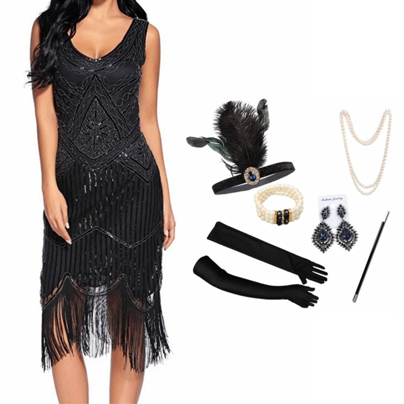 Vintage Sequin Full Fringed Flapper Dress | Roaring 20s Great Gatsby Party Gown | Plus Size XS-4XL Summer Knit Knee-Length Dress