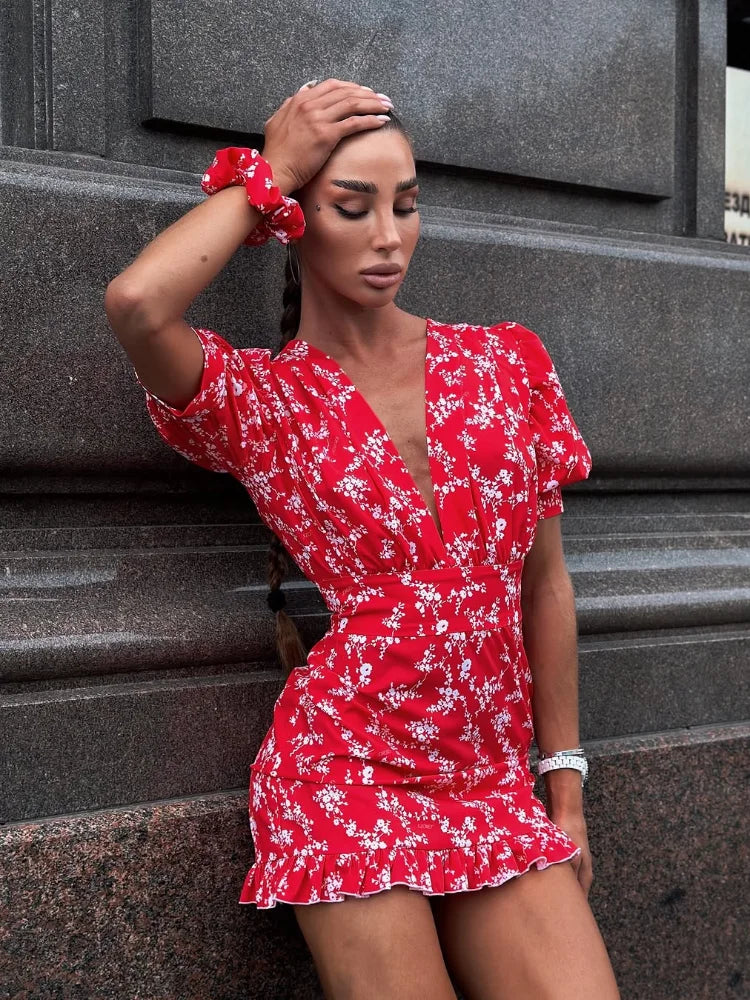 Women's Printed V-Neck Fit & Flare Dress Luxegan