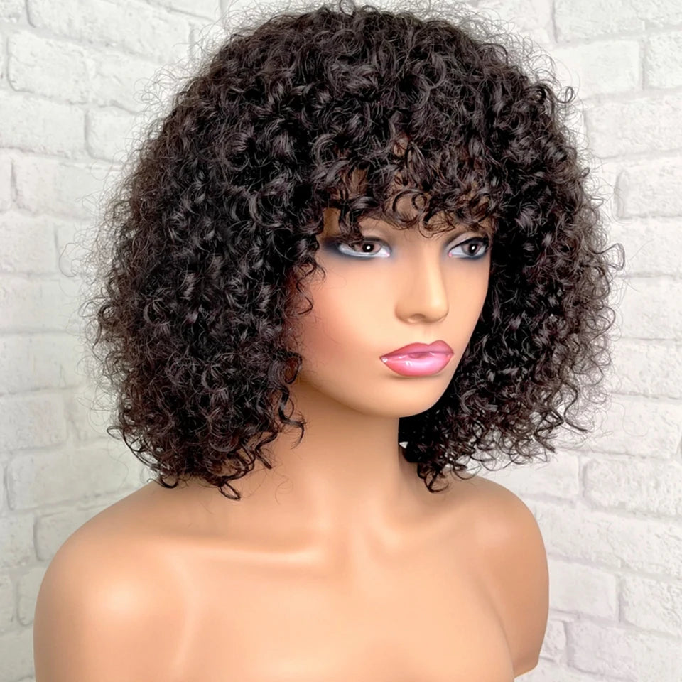 Ginger Honey Blonde Jerry Curly Short Pixie Bob Cut Wig with Bangs - Full Machine-Made Glueless Human Hair Wig - 100% Brazilian Remy Orange Brown Fringe Wig for Black Women (4-16 Inch) Luxegan