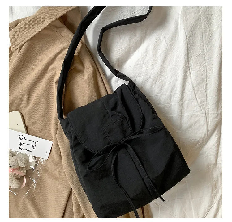 Vintage Flap Nylon Bow Crossbody Bag | Large Autumn Commuter Shoulder Bag & Simple Messenger Bag Luxegan