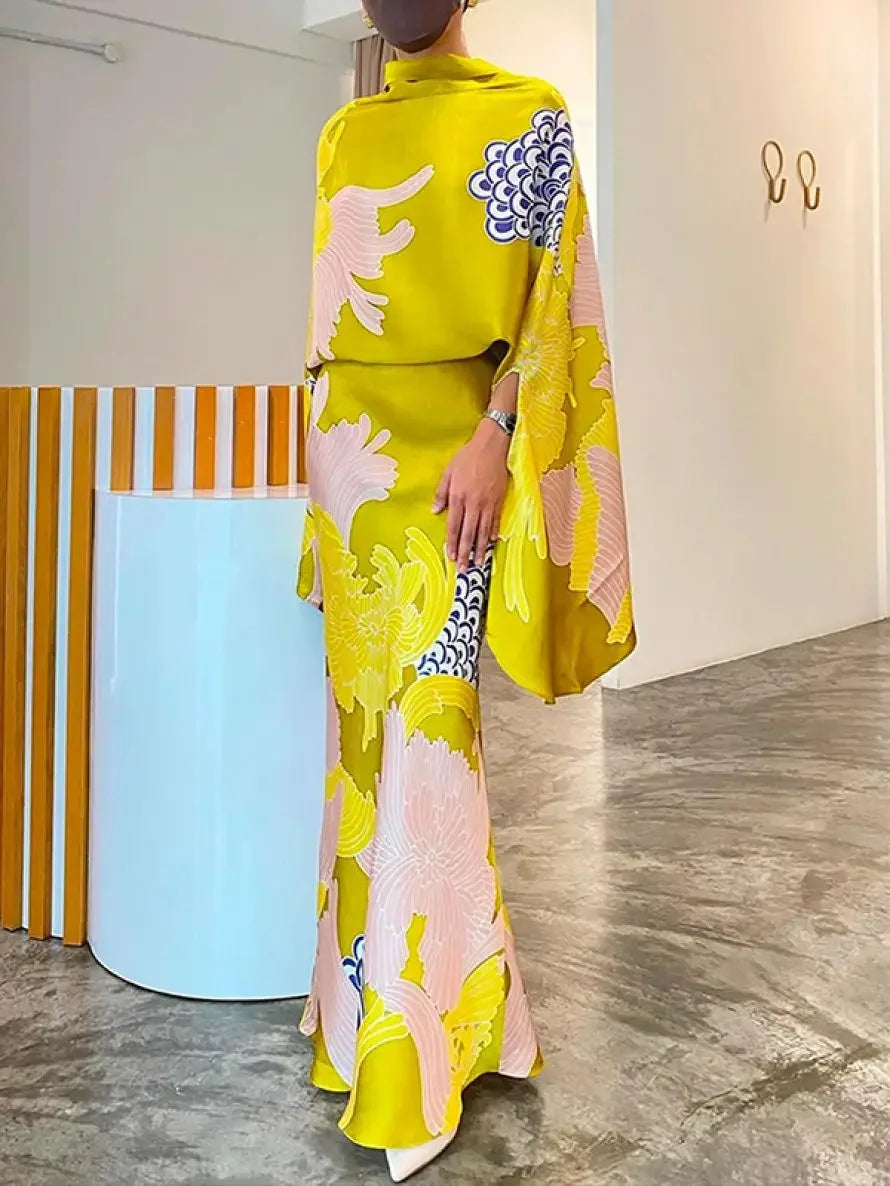 Floral Printed Elegant Suit Set | Sophisticated Batwing Sleeve Turtleneck Blouse | Elegant "Floor-Length" High Waist Wrap Skirt | "Dignified" Formal Trumpet Silhouette for Radiant Versatile Styling Luxegan