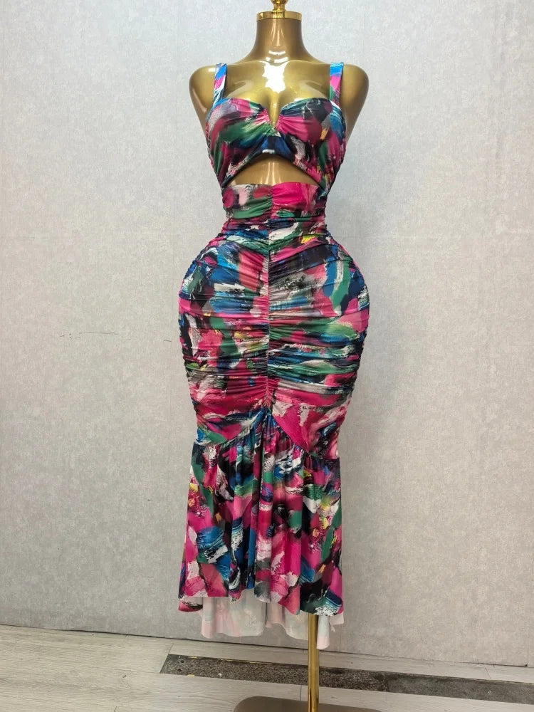 Women's Floral Print Cutout Ruched Ruffle Midi Dress Luxegan