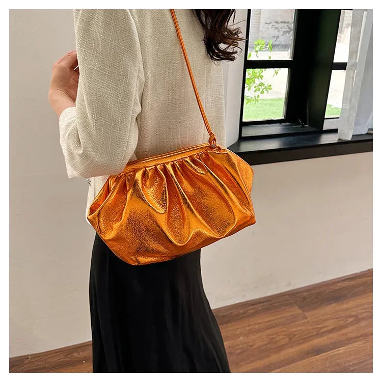 Small Luxury Design Women's Leather Silver Cloud Bag | Gold Crossbody & Ladies Party Clutch Purse (Sequined, Ruched Handbag) Luxegan