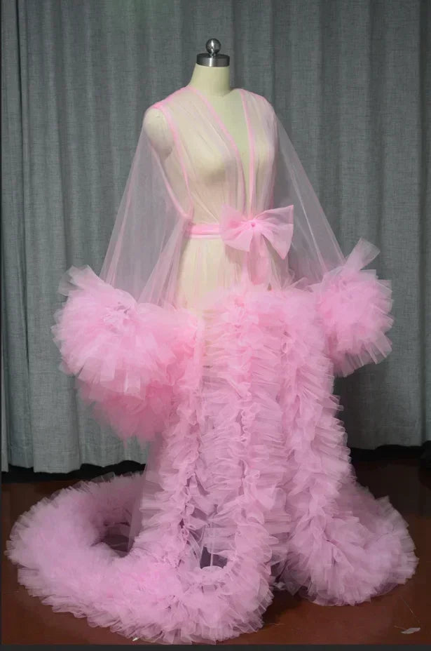 Pearl Diary Women's Perspective Sheer Long Tulle Robe | Puffy Pregnancy Maternity Gown for Baby Shower & Photoshoots | Sexy O-Neck Floor-Length Sleepwear Nightgown | Premium Bespoke Custom Occasion Dress Luxegan
