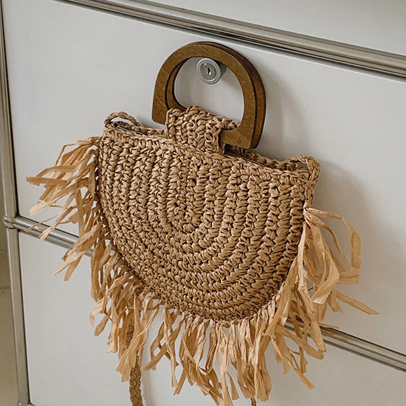 Handmade Semicircle Straw Bag | Sophisticated Woven Bohemian Crossbody | Elegant Holiday Beach Basket | Luxury "Dignified" Casual Shopping Tote with Tassel Decoration Luxegan