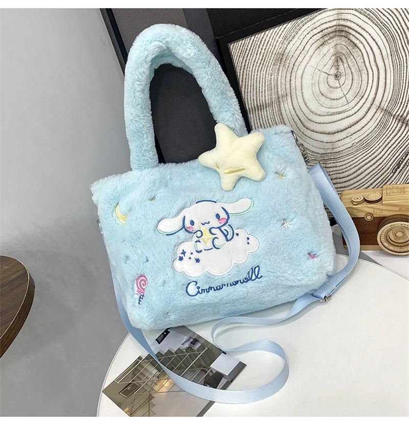 Kawaii Hello Kitty Plush Shoulder Bag | My Melody Cinnamoroll Kuromi Cute Cartoon Anime Handbag (Soft Storage Bag for Women & Girls) Luxegan