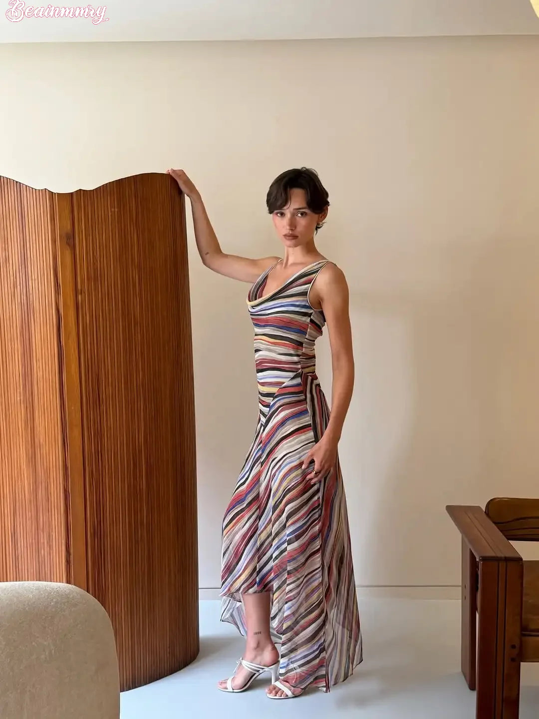 2026 Women Colorful Wavy Striped Maxi Dress Chic Swinging Collar Sleeveless Slim Waist Holiday Dresses Summer Lady Vacation Robe