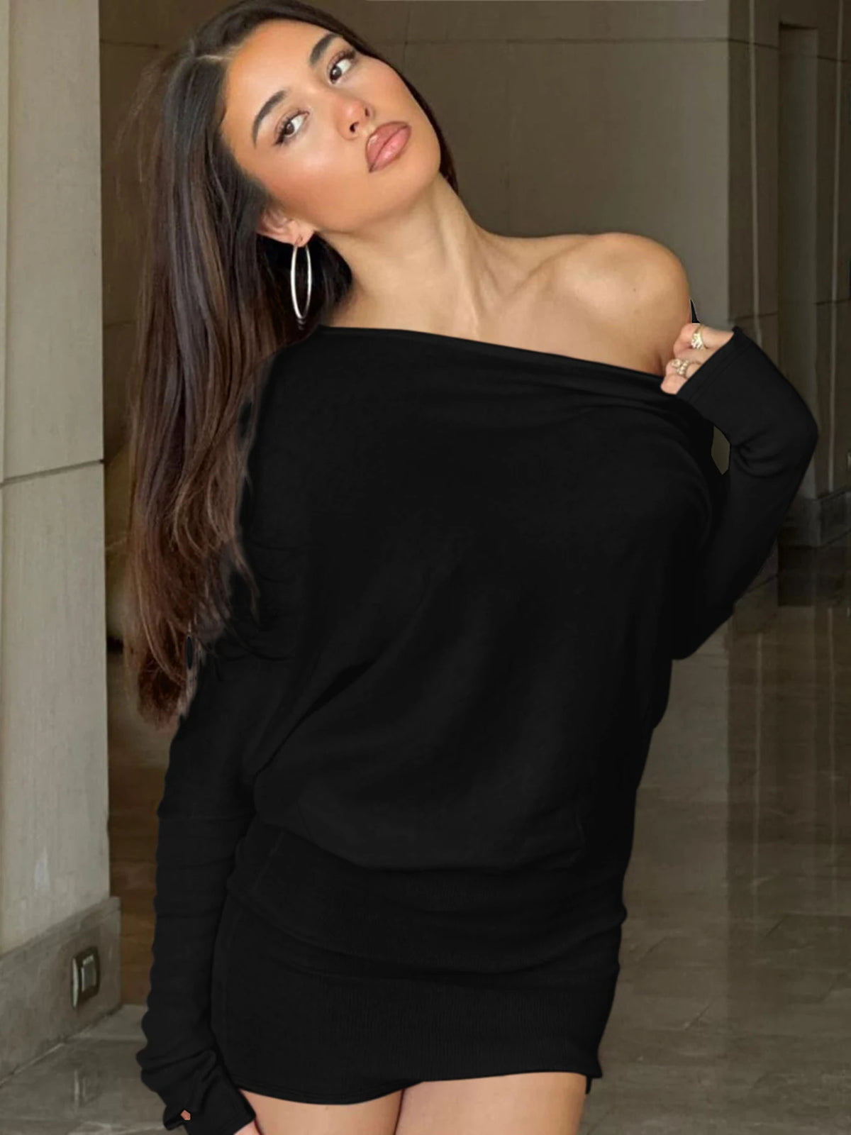 Solid Sexy Asymmetric Neckline Full-Length Ruched Sleeve Slim A-Line Mini Dress – Slight-Stretch Polyester-Elastane, Natural Waist, Autumn/Winter Luxegan
