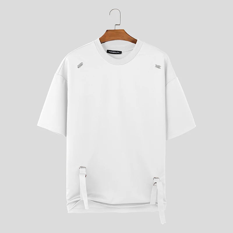 Loose Metal Design Strap T-Shirt | Sophisticated O-Neck Half-Sleeve Silhouette | Elegant "City Walk" Casual Camiseta | "Dignified" Solid Broadcloth Top for Radiant Versatile Styling Luxegan