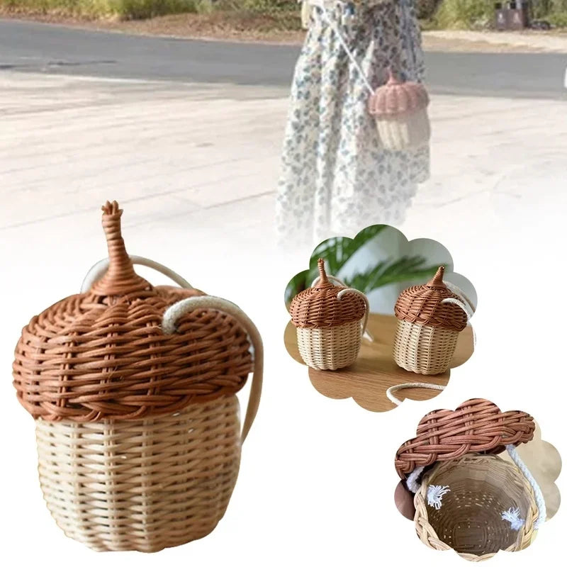 Acorn-shaped Woven Shoulder Bag | Tropical Beach Style Rattan Tote & Photo Prop Luxegan