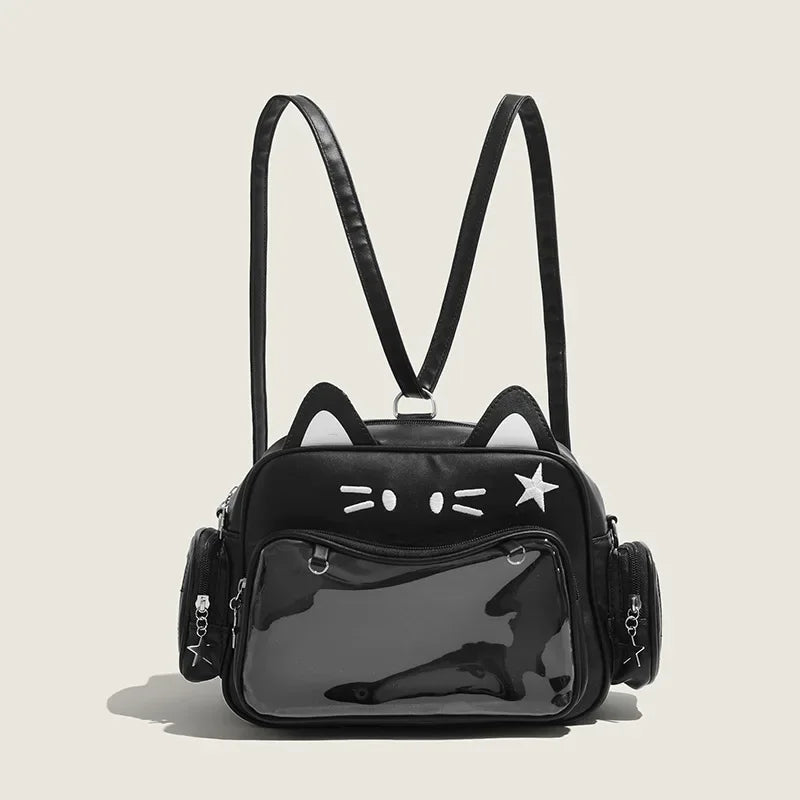 Women’s Fashion Y2K Cat Ita Bag | Sophisticated Korean & Japan Kawaii Backpack | Elegant PU Leather Cute Girls' Handbag | Aesthetic Transparent Pocket Shoulder & Crossbody Bag Luxegan