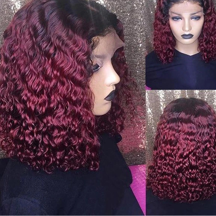 Brazilian Highlight Deep Wave Curly Bob Wig | 13x4 Transparent Swiss Lace Frontal Wig | 180% Density Peruvian Virgin Human Hair Pre-Plucked Curly Bob (14 Inch, Multi-Tonal Caramel Highlights) Luxegan