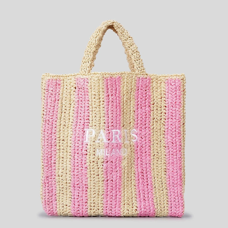 Striped Straw Tote Bag | Casual Woven Beach & Travel Purse Luxegan