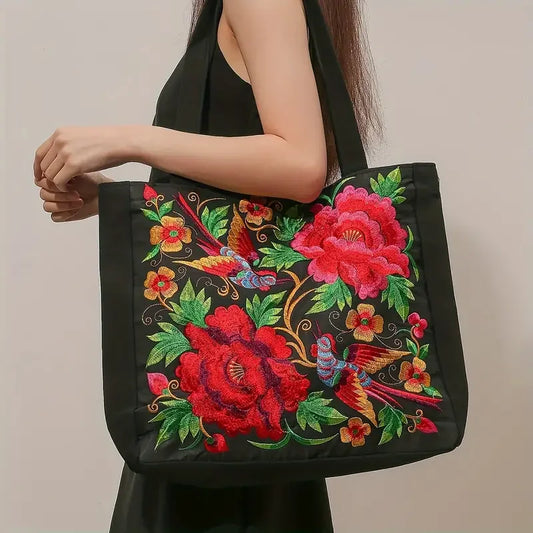 Ethnic Style Flower Embroidery Canvas Tote | Shoulder Bag & Large Capacity Handbag Luxegan