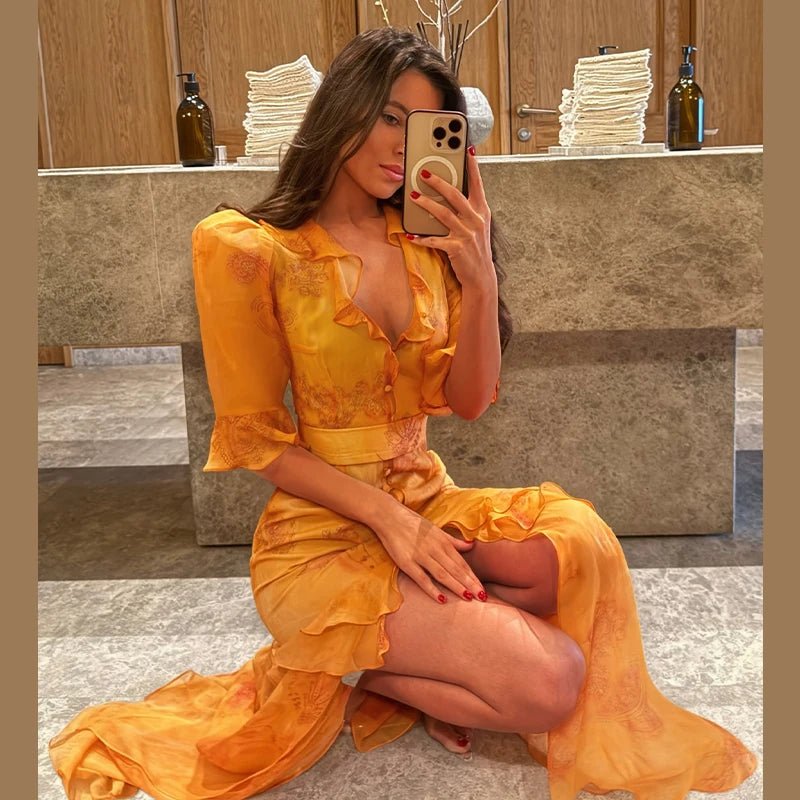 Organza Floral Printed Maxi Dress V-Neck  Puff Sleeve 2026 Spring/Summer Romantic Women Party Gown Fashion Elegant Lady Vestidos