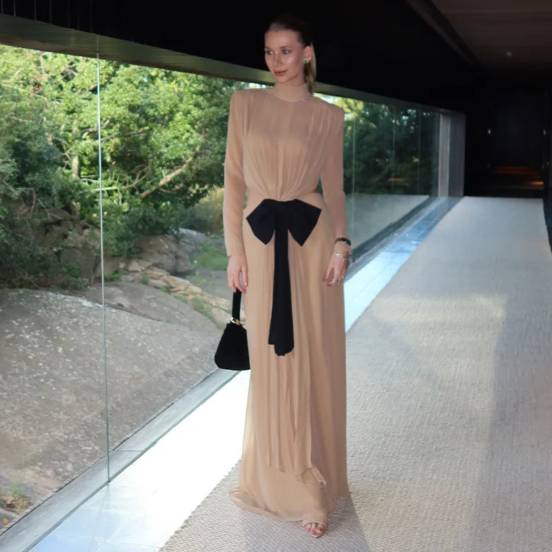 Elegant High-Neck Cutout Maxi Dress | Sheer Chiffon Long-Sleeve Evening Gown | Bow-Accented Floor-Length Summer Formal Party Dress Luxegan