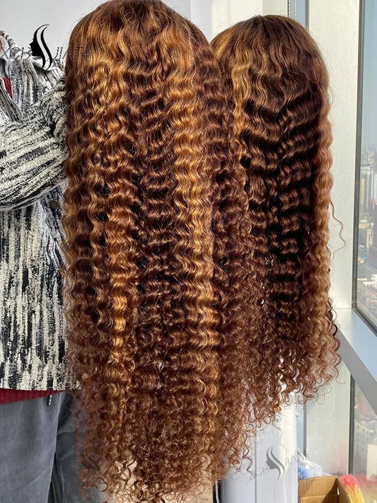 250% Density Highlight Water Wave Wig | Sophisticated 13x6 HD Transparent Lace Frontal | Elegant #4/27 Ombre Brazilian Virgin Hair | "Dignified" 30-Inch Glueless Remy Hair for Radiant Versatile Styling Luxegan