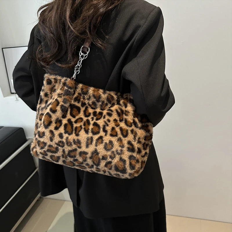 National Style Simple Women's Leopard Tote Bag | Lady Luxury Fluffy Shoulder Bag & Chain Large Capacity Commuter Handle Bag Luxegan