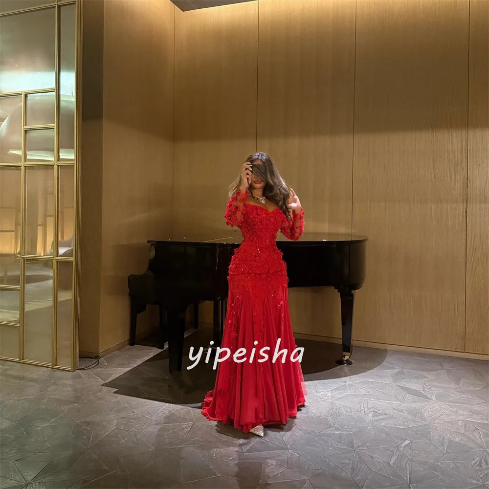 Off-the-Shoulder Chiffon Mermaid Gown | Handmade Flower Rhinestone Bespoke Evening Dress Luxegan