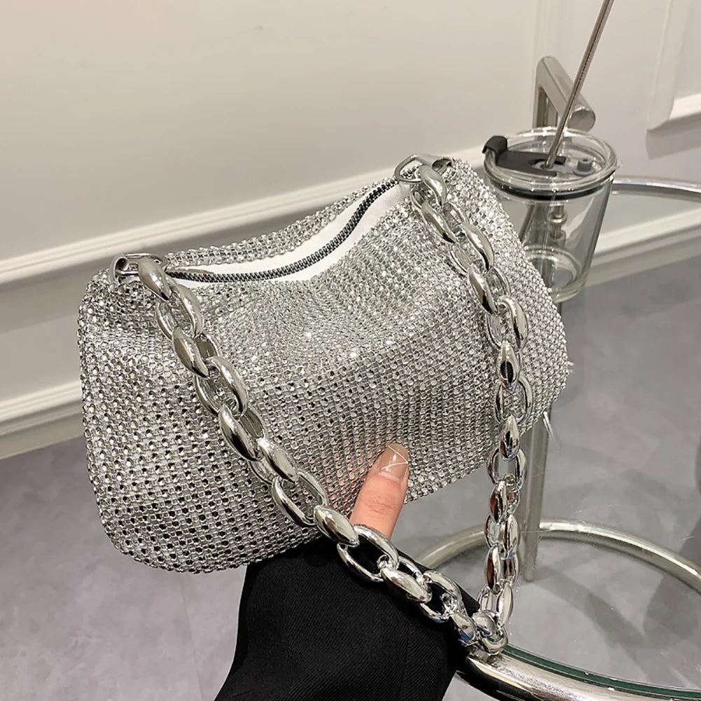 Bling Rhinestone Evening Clutch Bag | Women's Korean Designer Diamond Chain Dinner Party Handbag (Lady Square Tote Shoulder Bag) Luxegan
