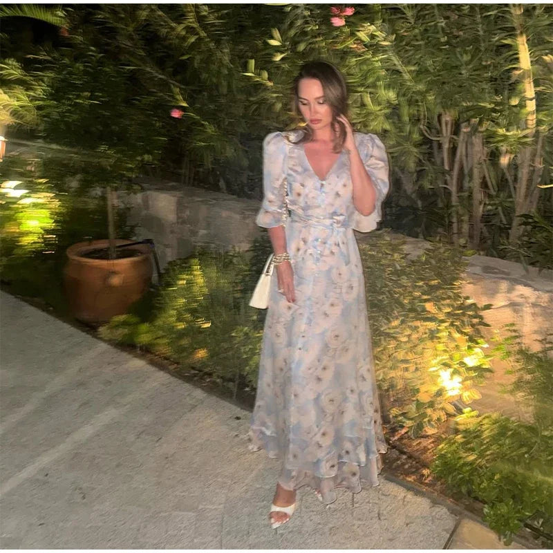 Flutter Sleeves Slim Long Dress Women Casual Pleated Deep V-neck Floral Print High Waist Dresses 2026 Lady Summer Holiday Wear
