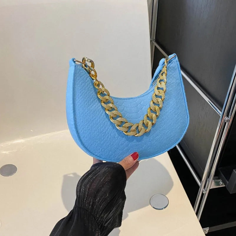 Fashion Women's Felt Handbag | Imitation Metal Chain Underarm Bag (Retro Ladies Solid Color Shoulder Bag, Trendy Casual Clutch Purse) Luxegan