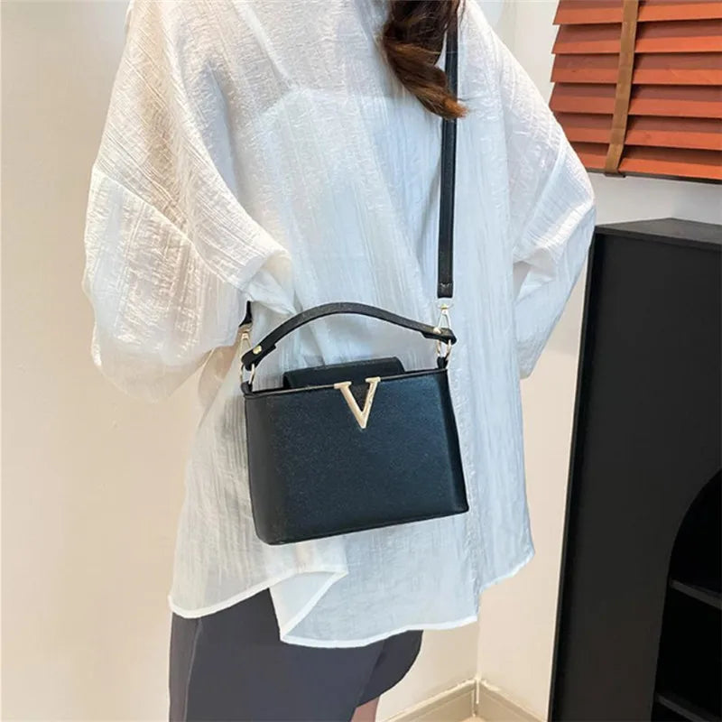 Luxury V-Shaped Women's Tote Bag | Chic PU Leather Bucket Handbag | Stylish Sequined Shoulder & Crossbody Bag | Fashionable Top Cover Purse with Interior Compartments Luxegan