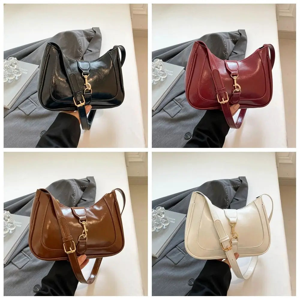 Elegant Patent Leather Shoulder Bag | Large Capacity Retro Armpit Bag | Smooth Solid Color Belt Buckle Clutch Handbag Luxegan