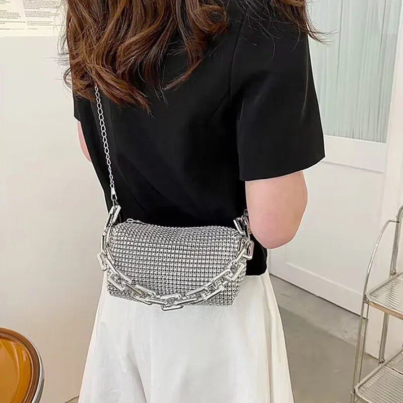 ABS Pillow Shaped Bucket Bag | Moderate Hardness Allover Rhinestone Glitter Chain Crossbody Luxegan