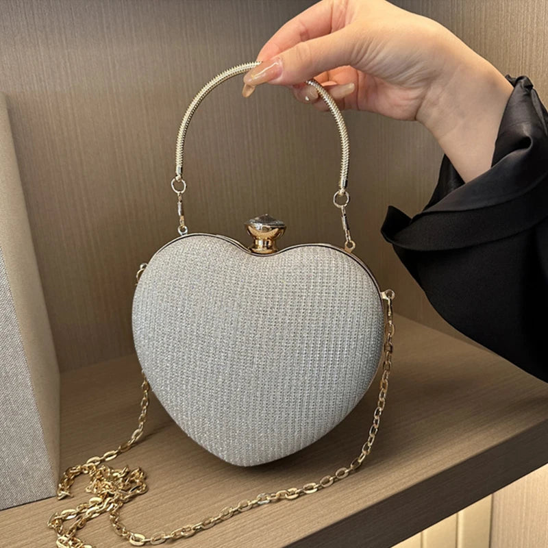 Shiny Heart Shape Metal Evening Clutch Bag for Women | Fashion Chain Shoulder Crossbody Bag (Luxury Lady Purse) Luxegan
