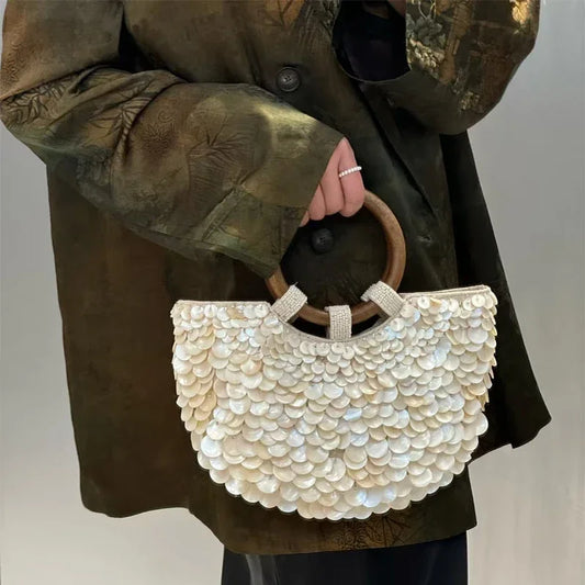 Brand Exquisite Double-sided Shell Handbag | Luxury Handmade Large Capacity Shell Crossbody Clutch Bag (Wooden Handle & Tote) Luxegan
