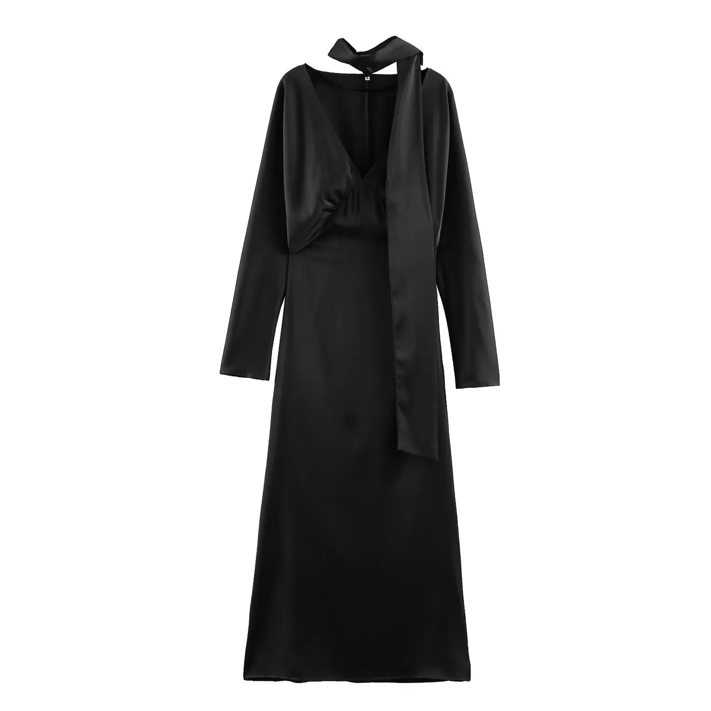 Satin V-Neck Midi Dress with Scarf | Long Sleeve A-Line Chic Elegant Casual Dress Luxegan