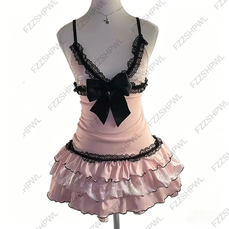 Solid Lace Bow Mini Dress | Sweet Casual Y2K Streetwear Top | Sexy Rock Aesthetic Retro Punk Harajuku Hop Clothing | Premium Knit Slim Fit Knee-Length Sheath Luxegan