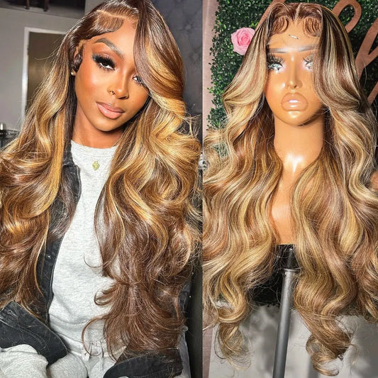 Honey Blonde Highlight Body Wave HD Lace Wig | Sophisticated 13x6 Transparent Frontal | Elegant "Brazilian Remy" Silhouette | "Dignified" Pre-Plucked Ombre Colored Human Hair for Radiant Versatile Styling Luxegan