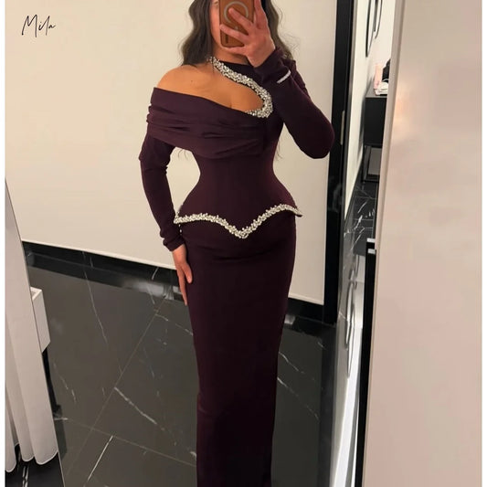 Mila Plum Vestidos de Noche de Fiesta con Hombros Descubiertos Manga Larga Adornos de Cuentas Corte Sirena Hasta el Suelo Formales Personalizados vestidos de gala